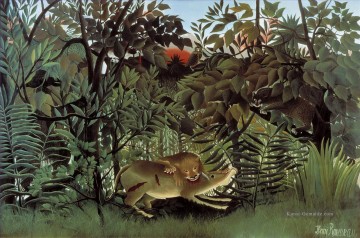  impressionismus - Der Hungry Lion Attacking an Antelope Le lion ayant faim se jette sur antilope Henri Rousseau Post Impressionism Naive Primitivism